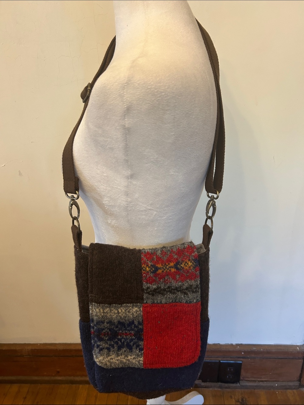 Handmade Patchwork Wool Crossbody Bag - Brown Red Blue